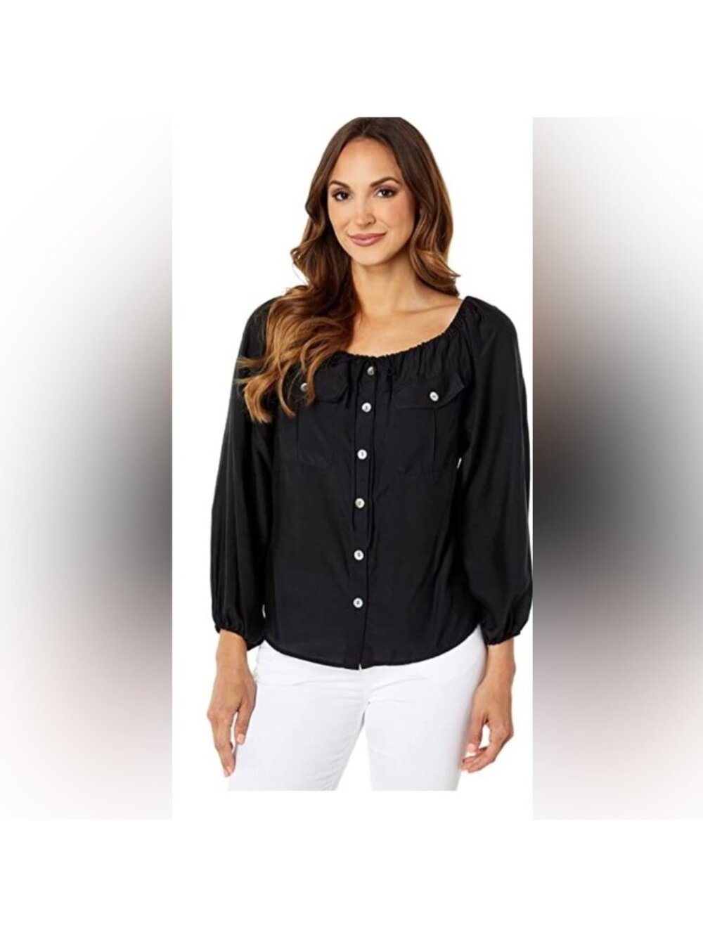 Tommy Bahama Mia Coast Silk Blend Peasant Blouse Woman Medium Black Flowy Office